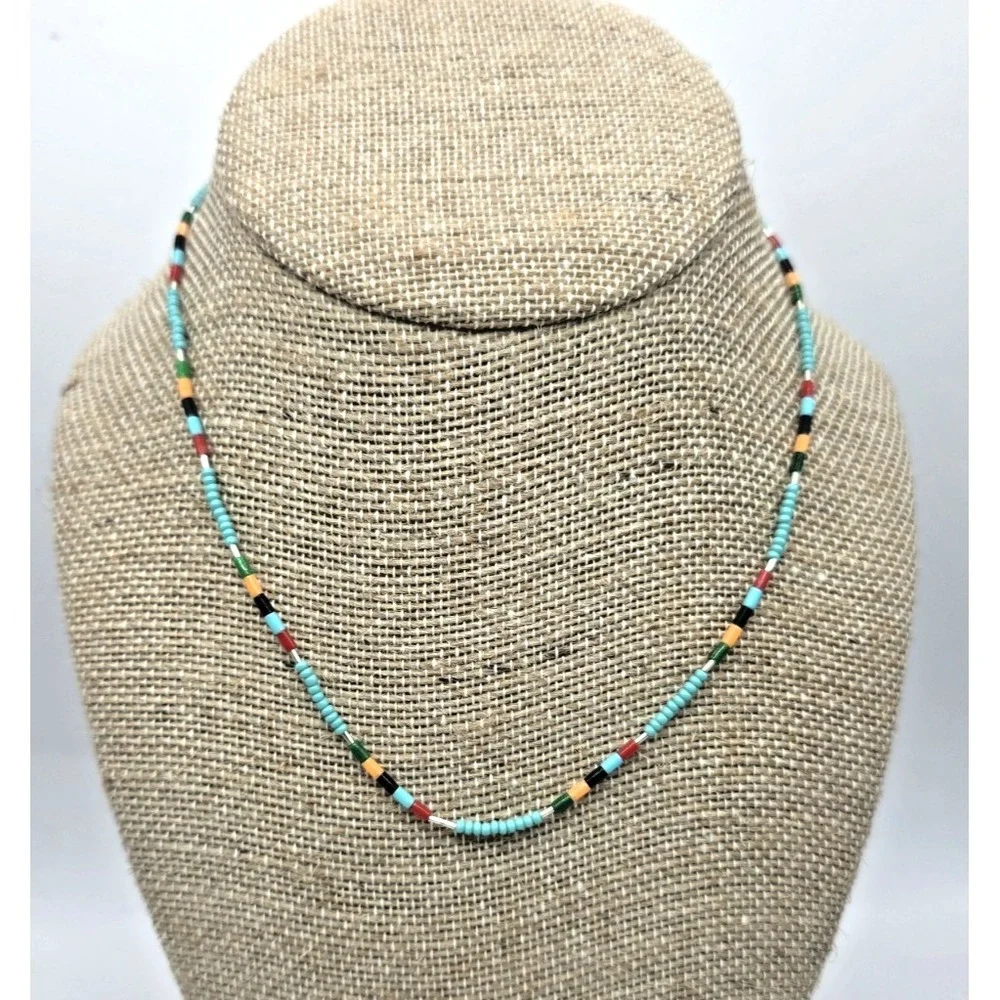 Sleeping Beauty Turquoise Heishi Liquid Silver Necklace Seed Bead Necklace 15.5